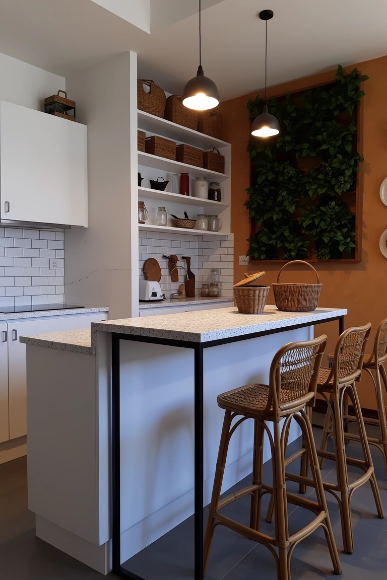 White kitchen peninsula bar with rattan stools, open shelving with baskets, and green wall panel
