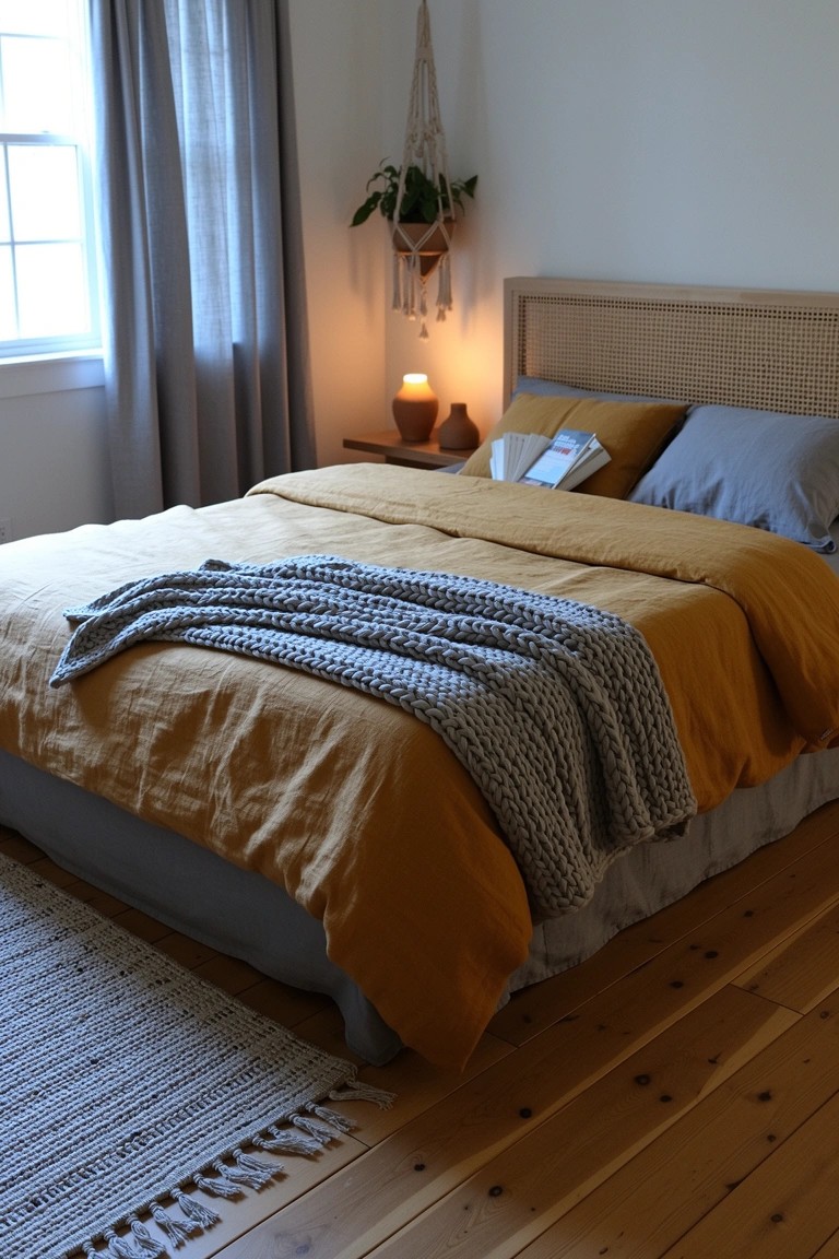 Cozy boho bedroom with ochre linen duvet layered under a gray knit throw on a cane headboard bed