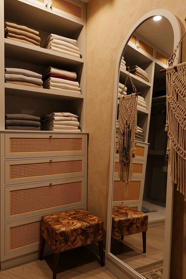 Walk-in closet with rattan-fronted drawers in warm tones, open shelves holding folded neutral linens, arched mirror, macrame hanging, and patterned pouf stool