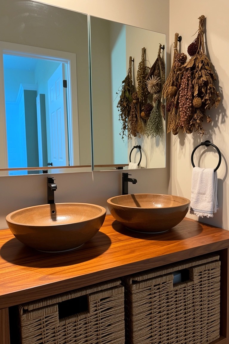Boho bathroom vanity with two wooden bowl sinks on a wood countertop, wicker storage baskets below, and hanging dried botanicals beside a mirrored wall.