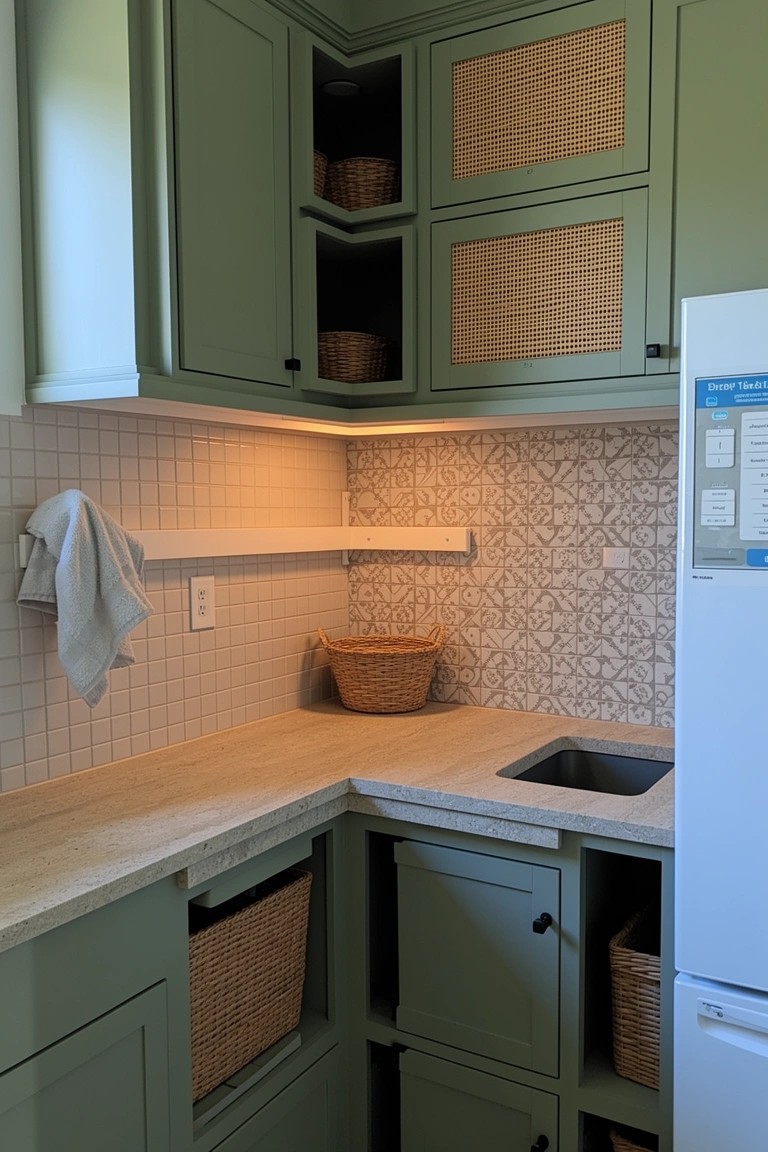 Sage green kitchen cabinets with rattan door inserts filled with woven baskets, wood countertop corner sink area, and light tile backsplash