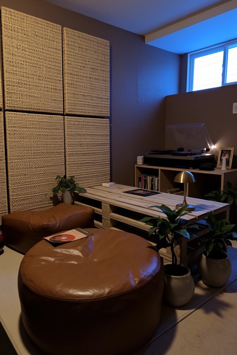 Cozy boho nook divided by tall woven bamboo panels, with pallet table, leather poufs, plants, and record player shelf