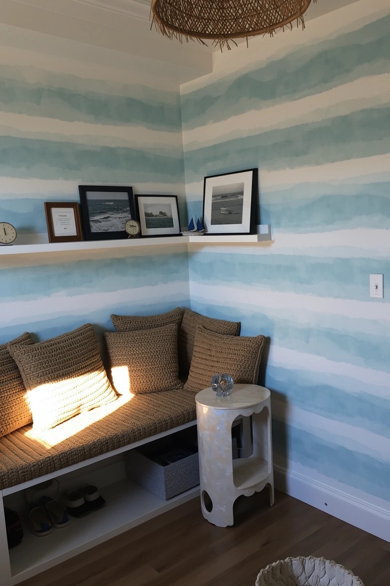 Cozy bedroom corner with aqua striped walls, built-in bench piled with cushions, small side table, and floating shelves holding frames and a clock