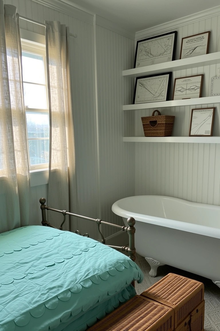 Cozy coastal bedroom with brass clawfoot tub next to teal ruffled bed, nautical charts on open shelves, beadboard walls, and sheer window curtains letting in natural light
