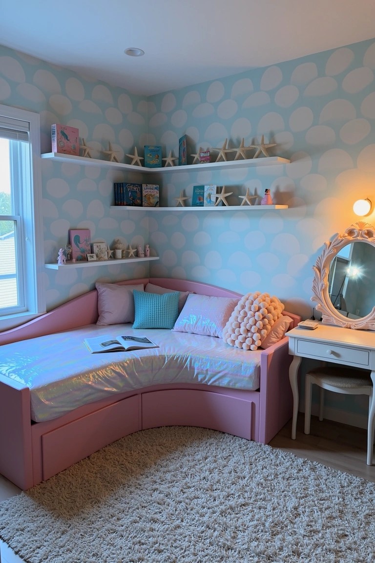 Cozy corner bedroom with curved pink daybed, light blue bubble wallpaper, shell-filled shelves, and white vanity mirror