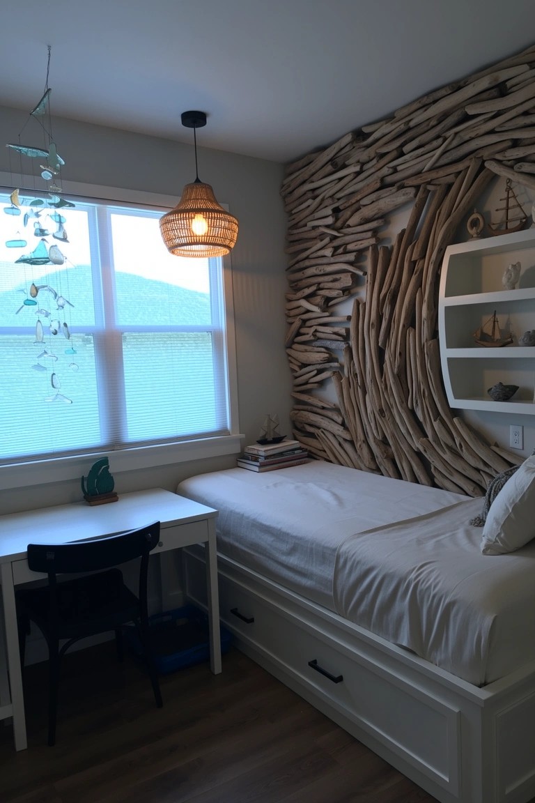 Cozy coastal bedroom with driftwood accent wall behind white daybed and desk