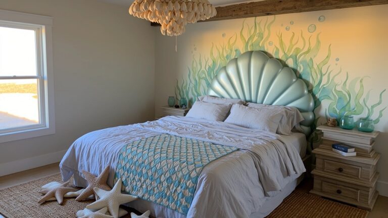 20 Whimsical Mermaid Coastal Bedroom Ideas For A Magical Theme Turquoise scalloped seashell headboard against white wall painted with green seaweed and bubbles in a coastal bedroom