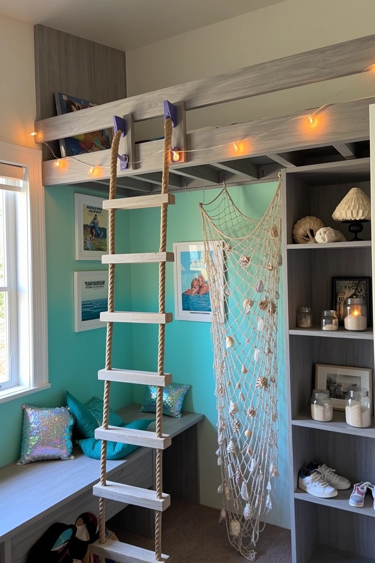 Turquoise coastal bedroom with loft bed accessed by wooden ladder, fairy lights overhead, and shell net decor