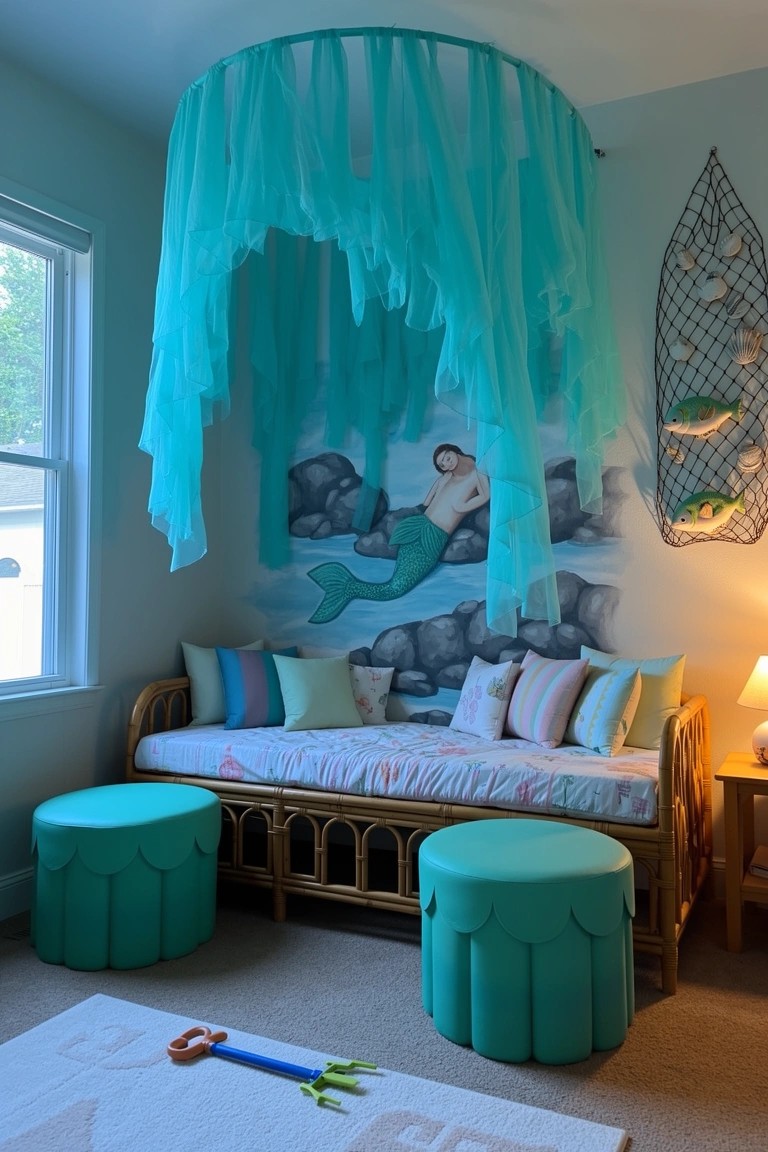 Child's coastal bedroom with flowing teal tulle canopy over wicker daybed, mermaid wall mural, shell net decor, and turquoise poufs