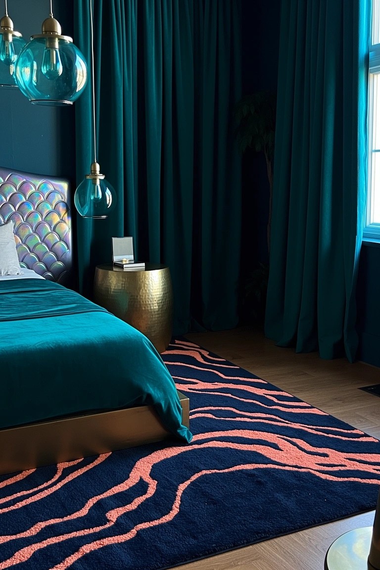 Teal velvet bed with iridescent mermaid scale tufted headboard, flanked by teal curtains and gold accents in a coastal bedroom