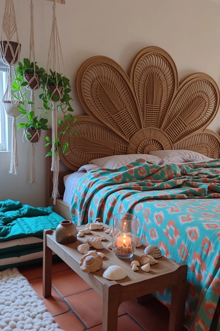 Bedroom featuring large fan-shaped rattan headboard with teal patterned bedding, hanging plants, macrame, and low wooden table displaying seashells and candle