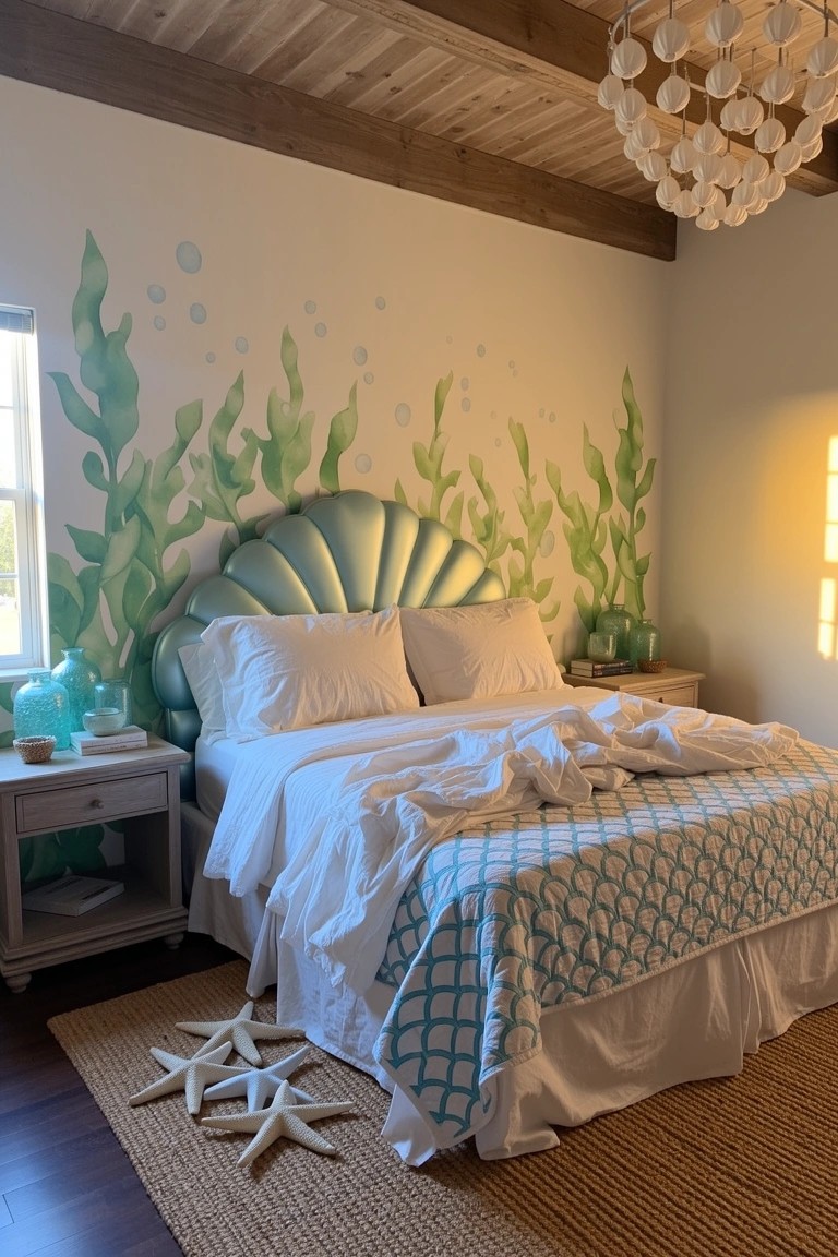 Turquoise scalloped seashell headboard against white wall painted with green seaweed and bubbles in a coastal bedroom