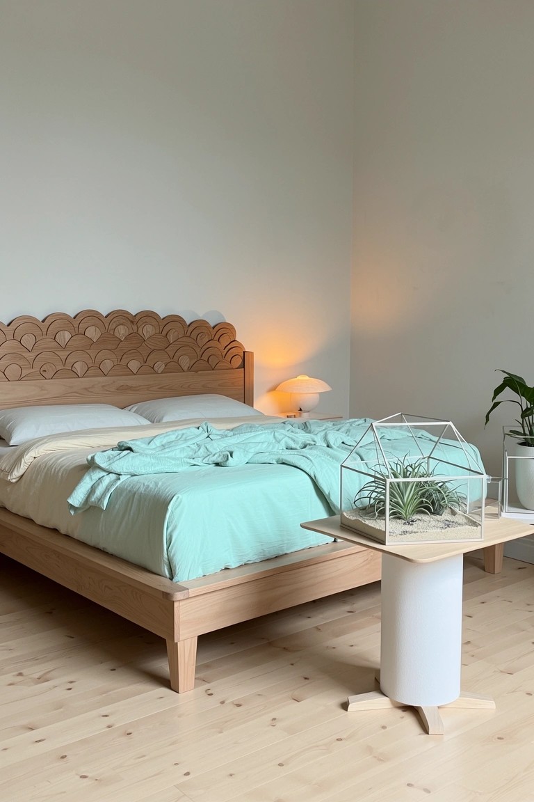Cozy bedroom with scalloped oak headboard on platform bed, teal bedding, glass terrarium with plants on white side table, soft lamp light