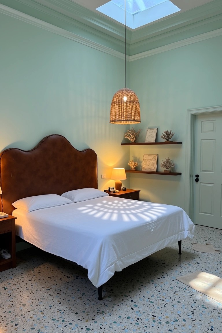 Bedroom with seafoam green walls, white bed on terrazzo floor, curved brown leather headboard, wicker pendant light from high ceiling, nightstand lamp, and shelves holding shells and frames