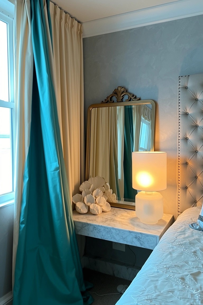 Bedroom corner with flowing teal drapes on window, gold-framed mirror, marble nightstand holding white lamp and coral decor beside tufted bed