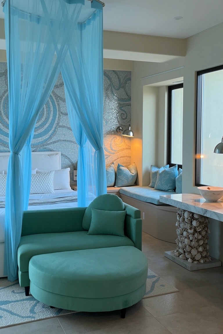 Coastal bedroom with sheer turquoise canopy over white bed and green velvet chaise lounge