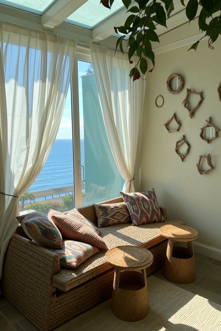 Wicker daybed with patterned cushions and small side tables in a light-filled room overlooking the sea through glass doors with sheer white curtains