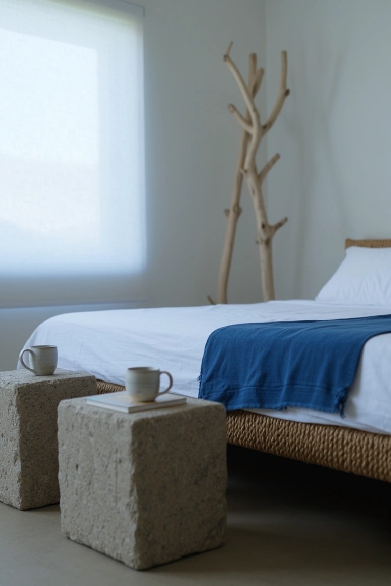 Beach boho bedroom featuring low concrete block side tables with white mugs, rattan bed with blue throw, and tall driftwood coat rack against white walls