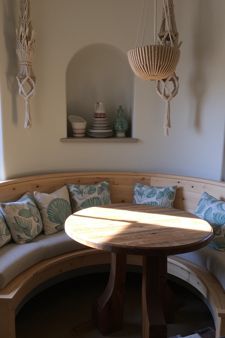 Curved wooden booth with teal leaf cushions around a round table in a light room with macrame plant hangers
