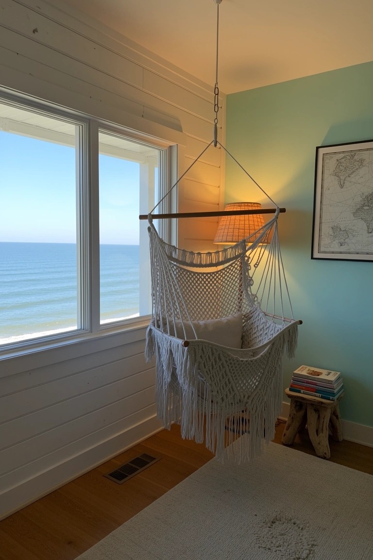 White rope hammock chair hanging in corner of beach room with ocean windows, mint wall, lamp, and stool with books
