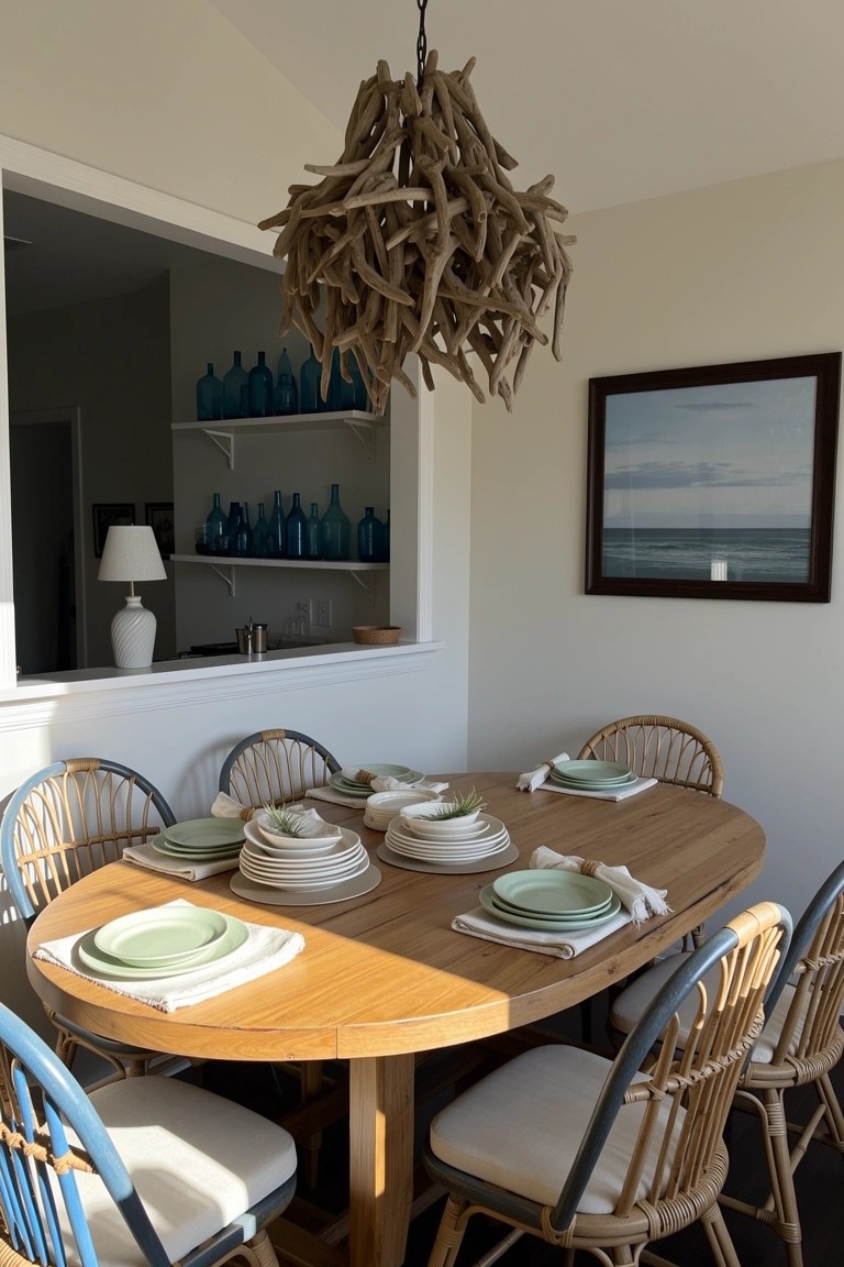 Beach boho dining nook with driftwood chandelier hanging over oval wooden table set with green plates and rattan chairs