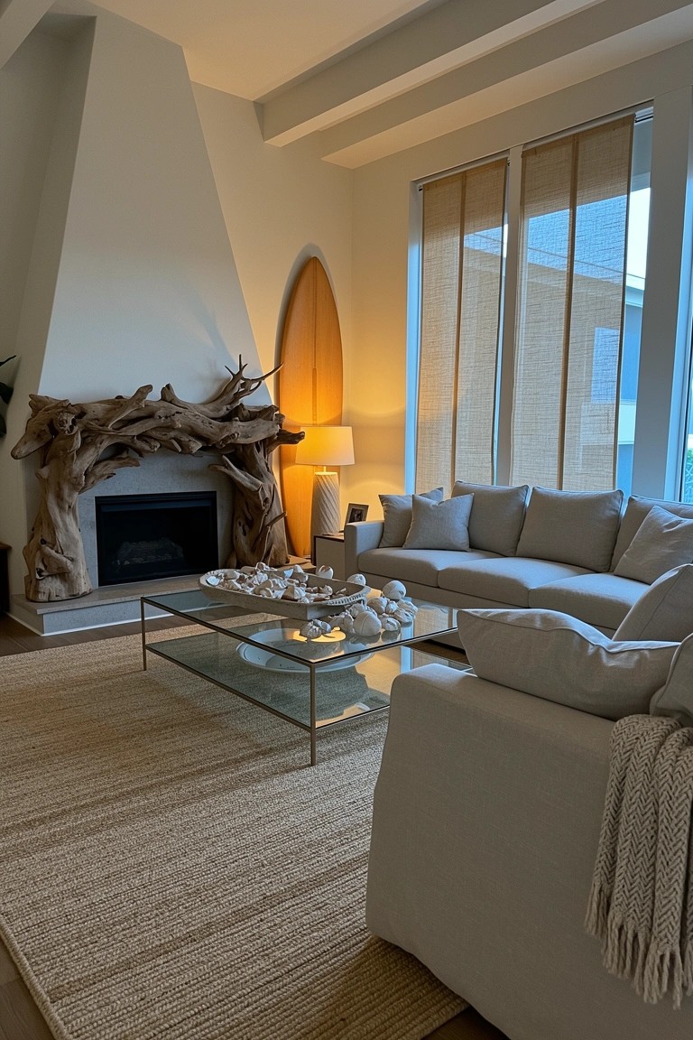 Living room with tall white fireplace topped by twisted driftwood mantel, neutral sofa, and subtle beach details
