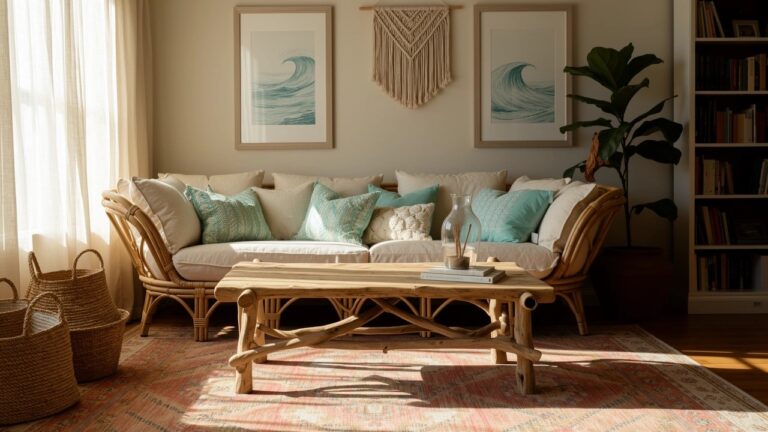 Curved white rattan daybed in a light corner with green and orange cushions, driftwood coffee table, fiddle leaf plant, and boho rug