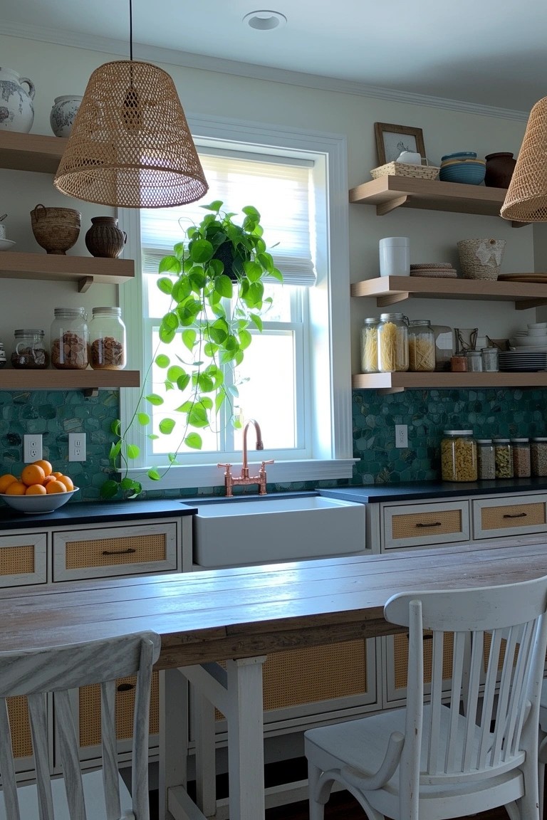Boho kitchen open shelves stocked with jars, baskets, and a trailing green plant near the window with teal backsplash below