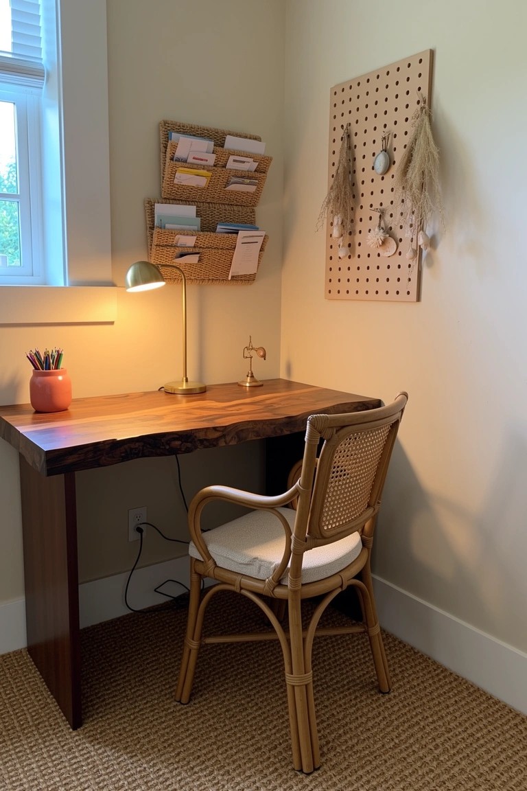 Cozy corner workspace with live-edge wood desk and rattan chair in a light neutral room