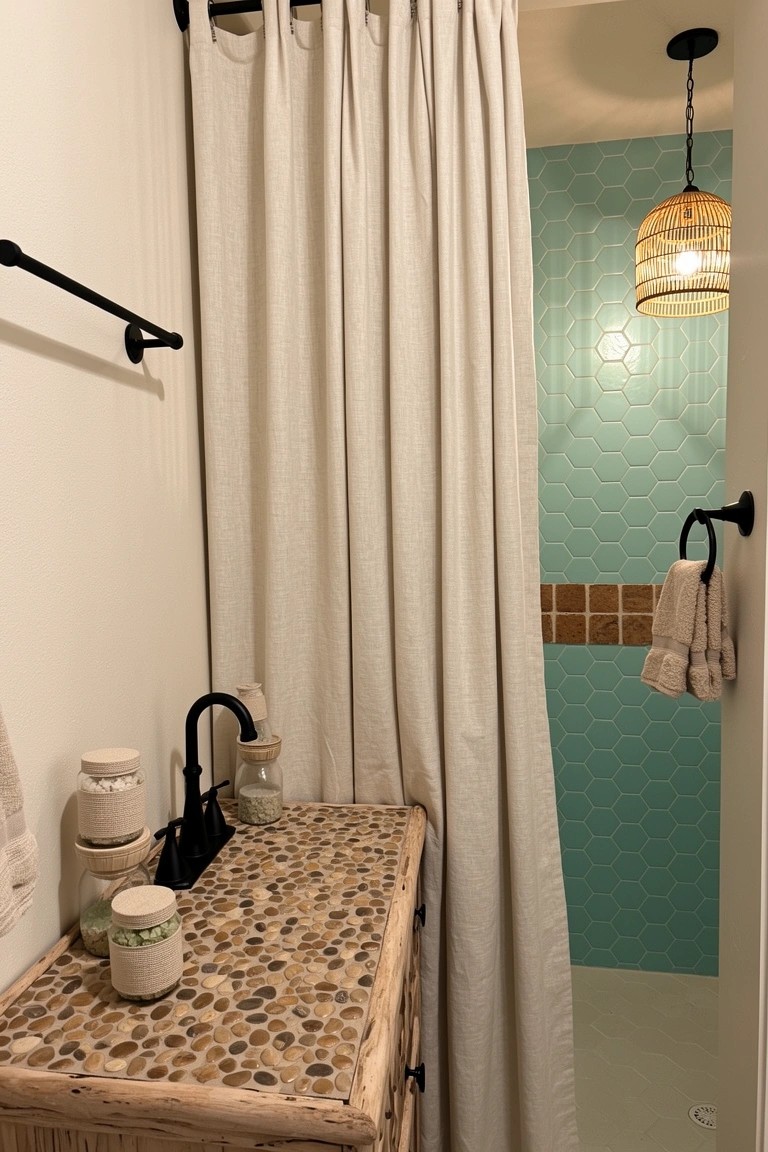 Rustic bathroom vanity with pebble stone top, black faucet, glass jars, teal tile shower area, rattan light fixture