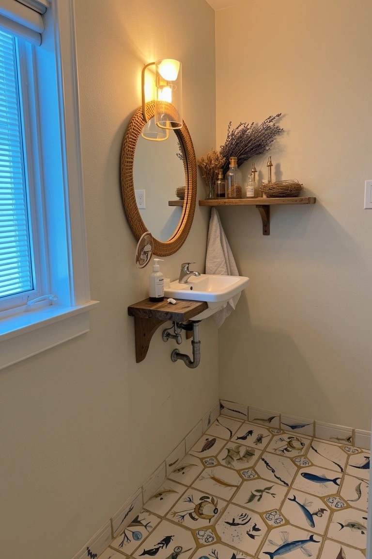 Small beach boho powder room with wooden sink shelf, rattan mirror, and nautical blue sea creature floor tiles
