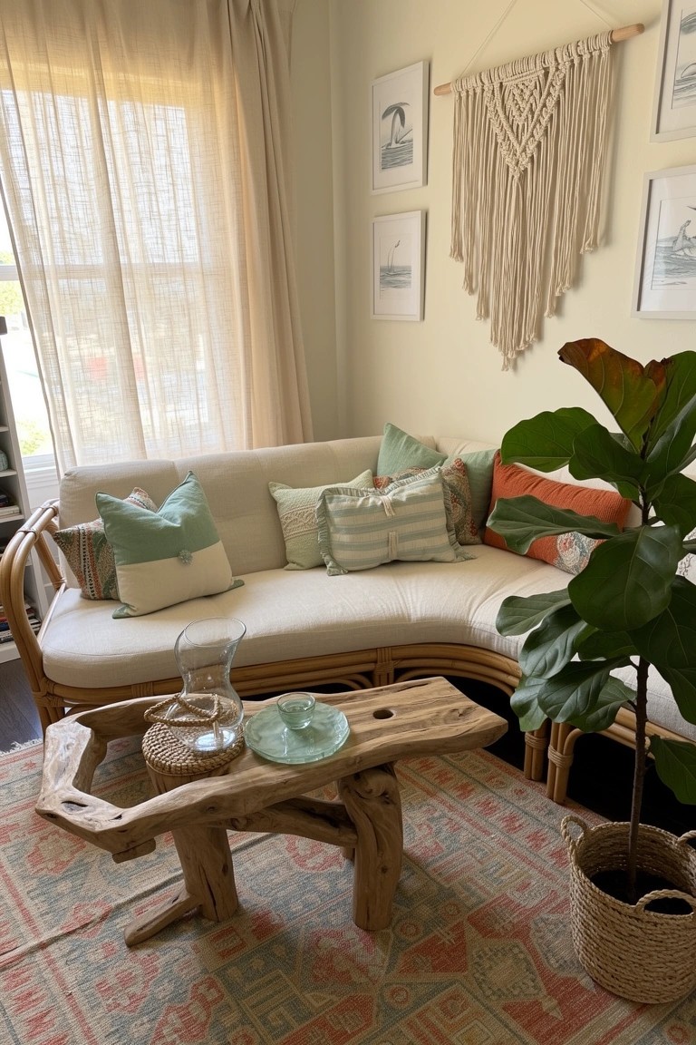 Curved white rattan daybed in a light corner with green and orange cushions, driftwood coffee table, fiddle leaf plant, and boho rug