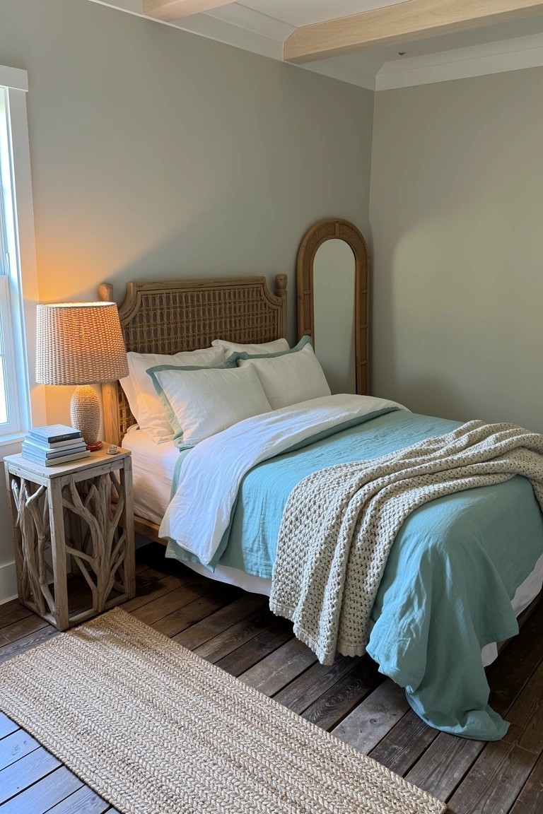 Beach boho bedroom featuring arched rattan headboard mirror, teal duvet with knit throw, and wooden nightstand on hardwood floors