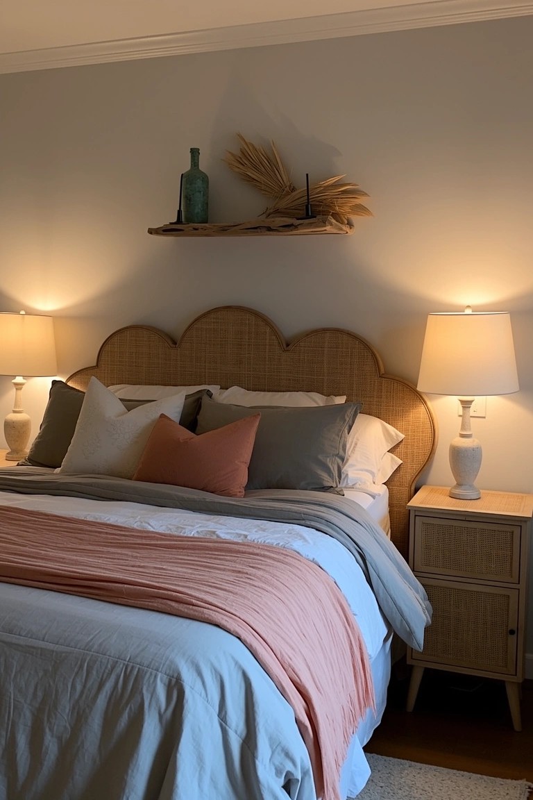 Bedroom with scalloped rattan headboard, neutral bedding accented by a pink throw, and boho shelf above