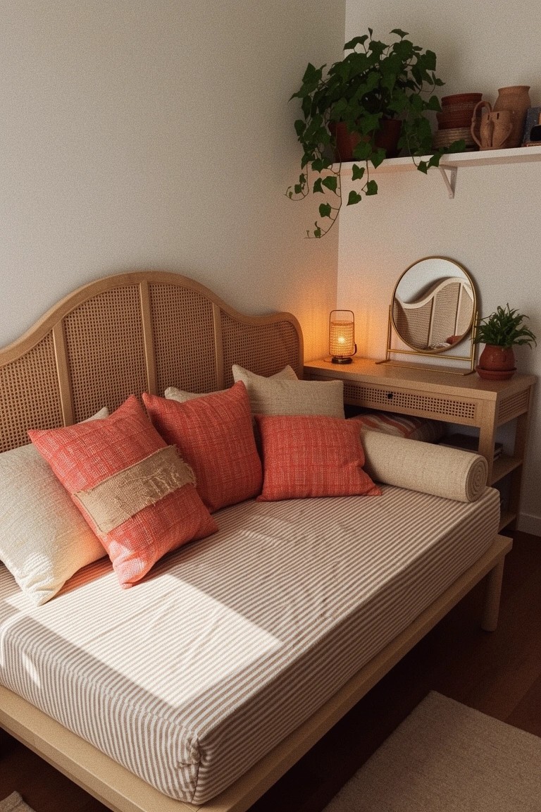 Bedroom corner with curved rattan headboard on a striped platform bed, layered orange pillows, potted plants, wooden nightstand, and round mirror