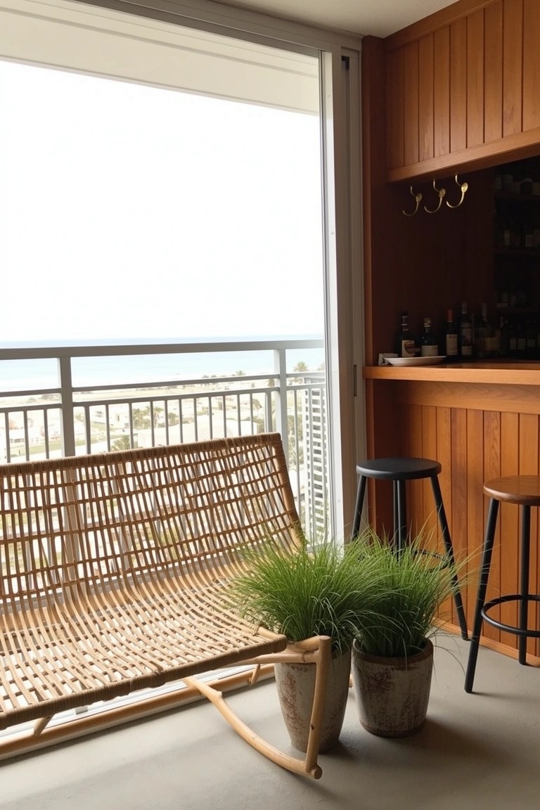 Woven rattan bench in a wooden indoor-outdoor space with bar stools, potted grasses, and balcony view of the beach