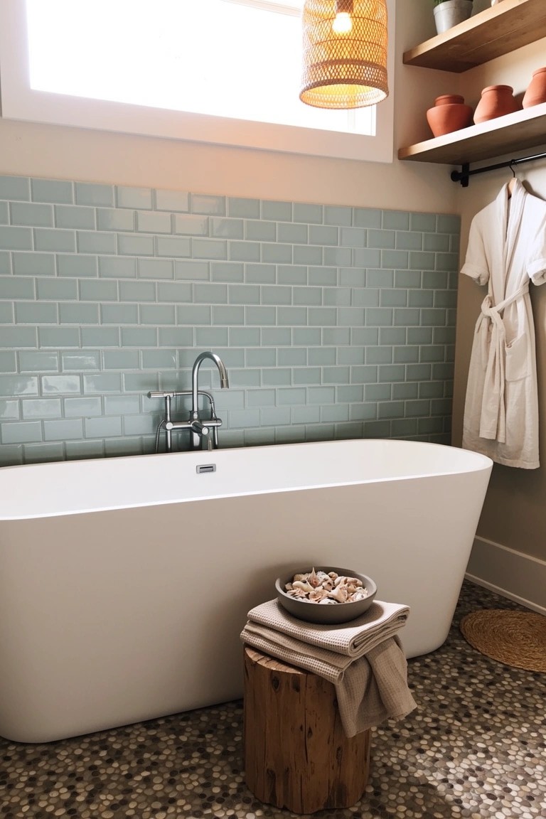 Rustic wooden stool stacked with beige towels and a bowl of seashells next to a white freestanding bathtub against light blue subway tile in a beach boho bathroom