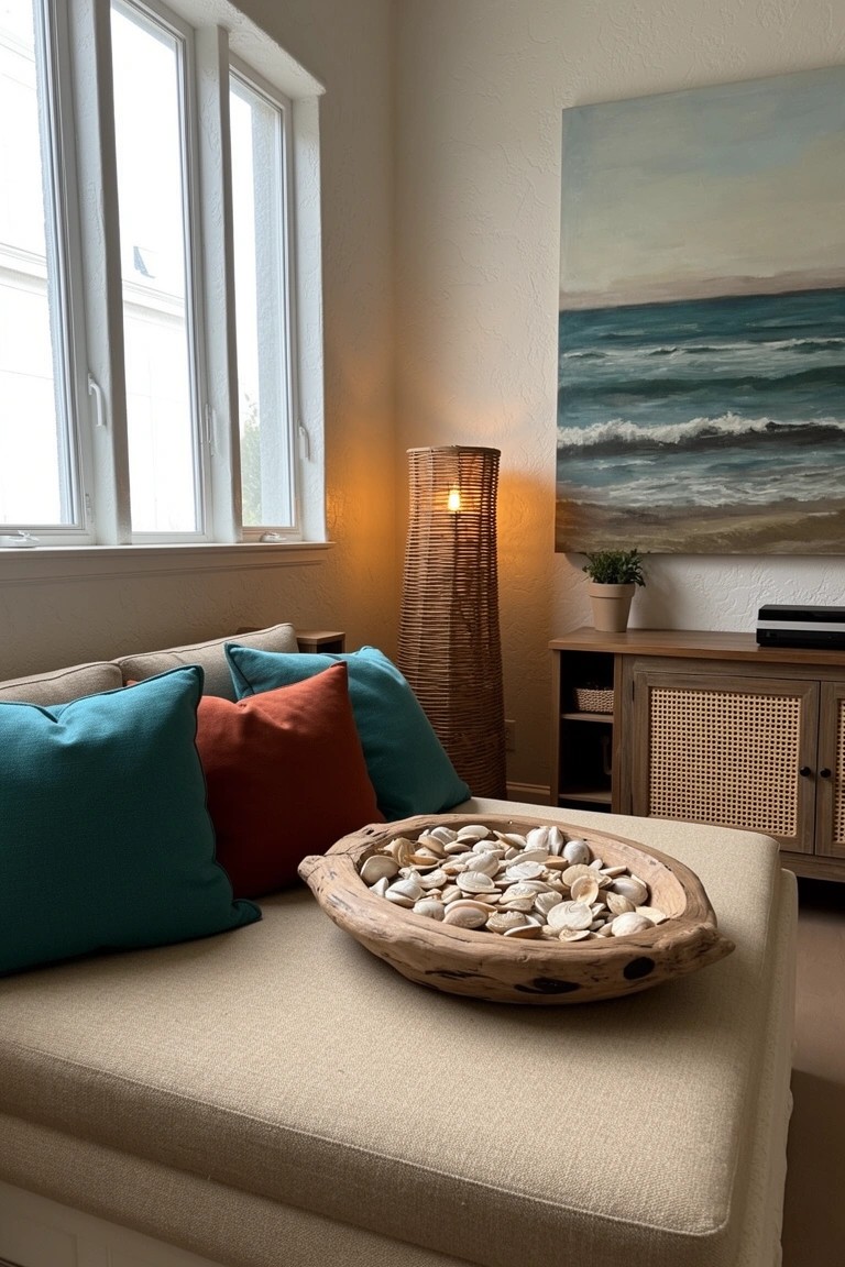 Wooden bowl overflowing with seashells placed on a beige sofa with teal and rust pillows in a light beach-style room corner