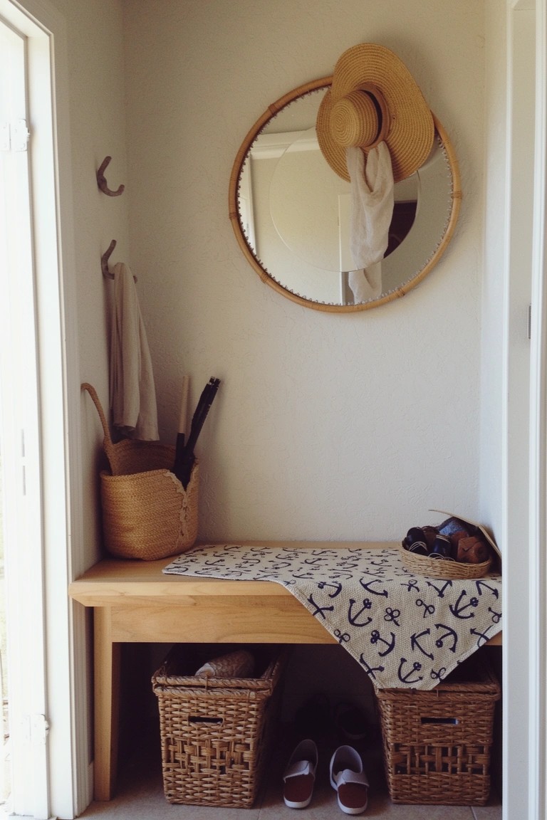 Wooden entryway bench with woven storage baskets underneath, nautical anchor fabric draped over top, and round rattan mirror on wall