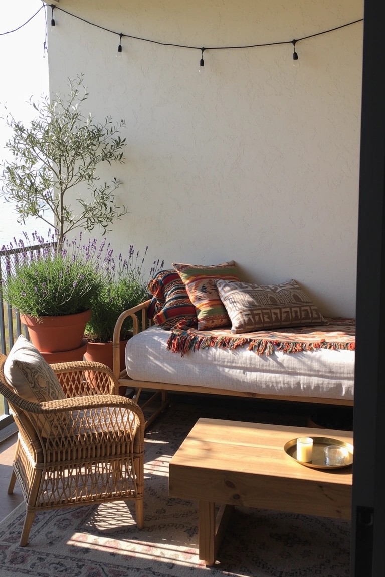 Boho balcony daybed piled with colorful patterned pillows and blankets, flanked by potted plants and a rattan chair