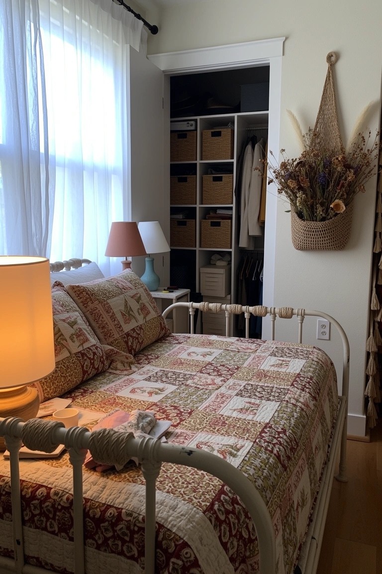 Cozy boho bedroom nook with vintage iron bed frame draped in patchwork quilt, lamp on side table, open closet bins, and wall-hung dried florals