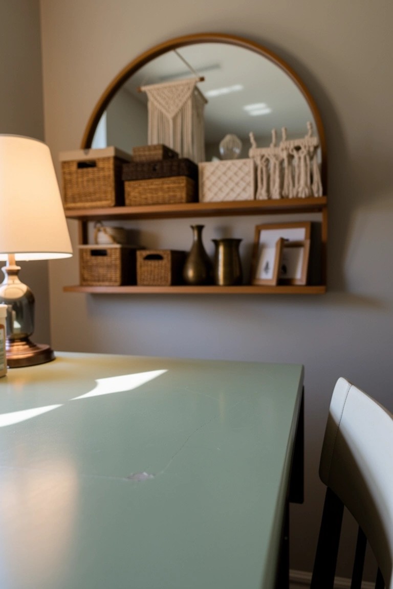 Boho wall shelves holding baskets, macrame, pottery, and an arched mirror above a green desk with lamp and chair