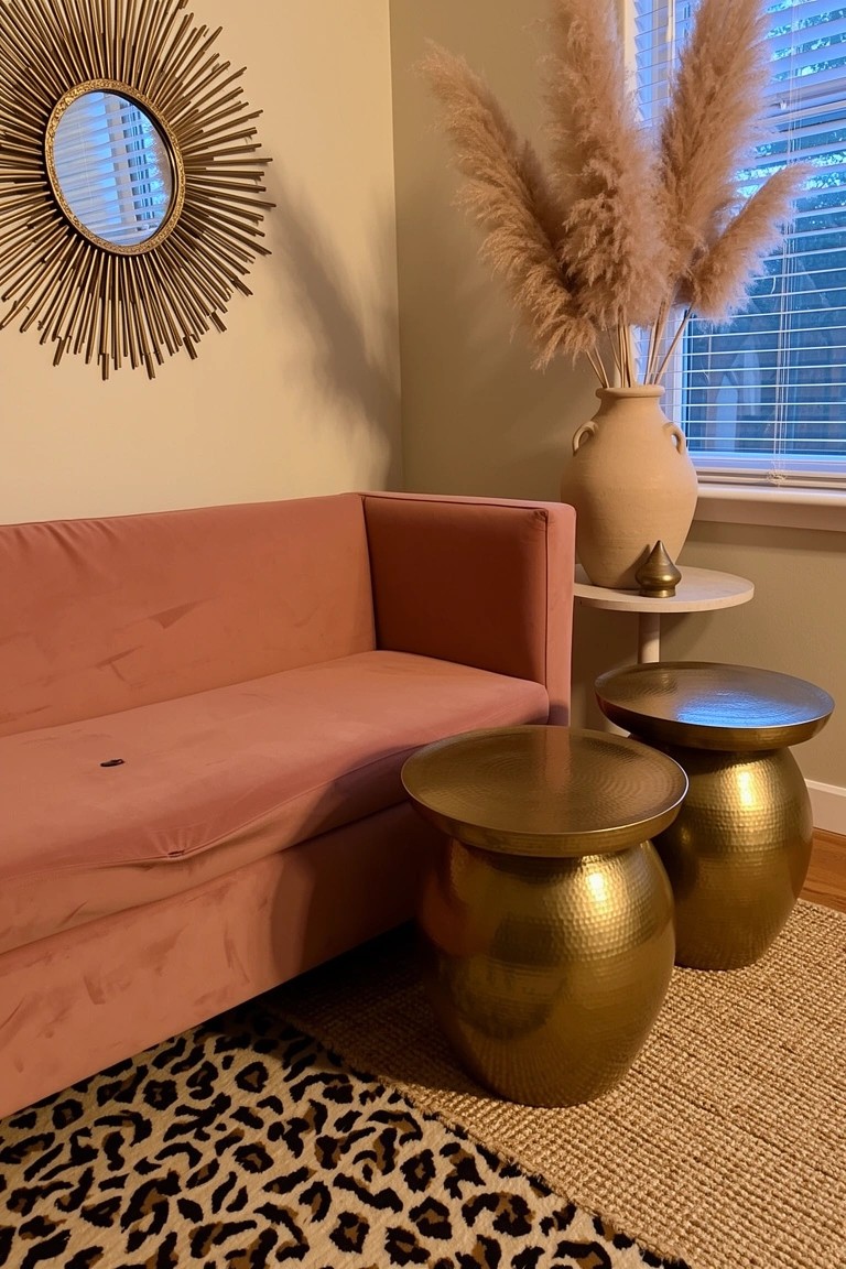Blush pink velvet sofa in a boho corner with brass hammered stools as side tables on a leopard print rug, pampas grass in a vase, and sunburst mirror on the wall