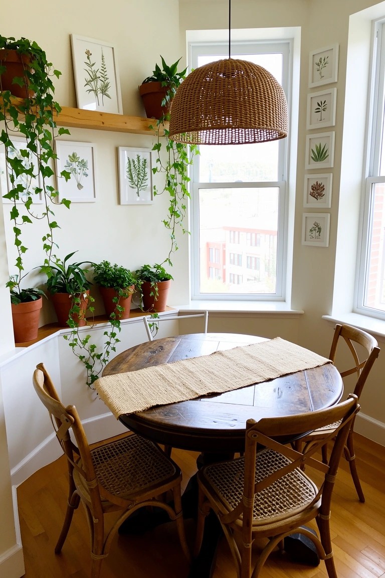 Cozy boho breakfast nook in a sunny corner with round wooden table, rattan runner, wicker chairs, cascading plants on shelves, and large windows