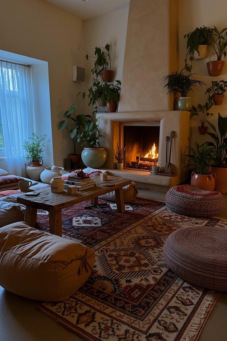 Boho living room nook with stone fireplace, potted plants, floor cushions, wooden table, and colorful rug