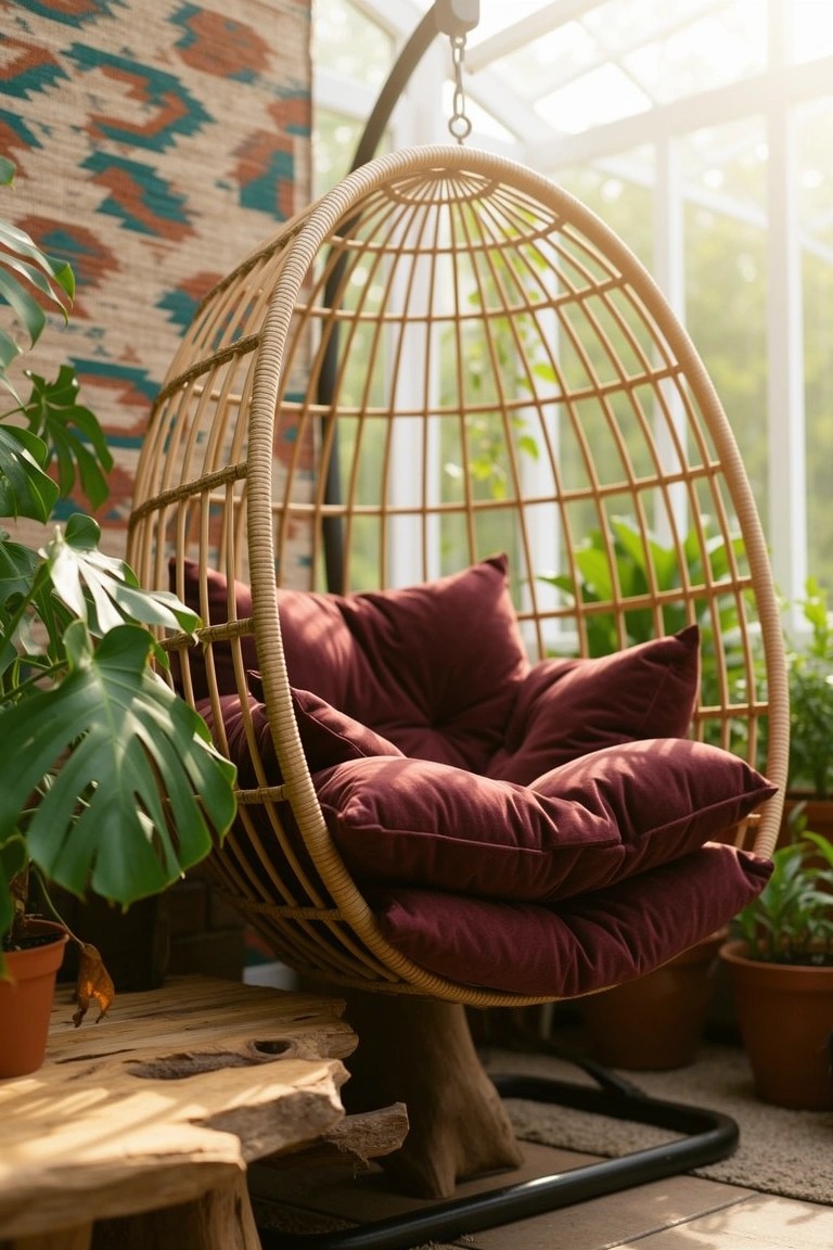 Rattan egg hanging chair with plush maroon cushions in a plant-filled sunny nook