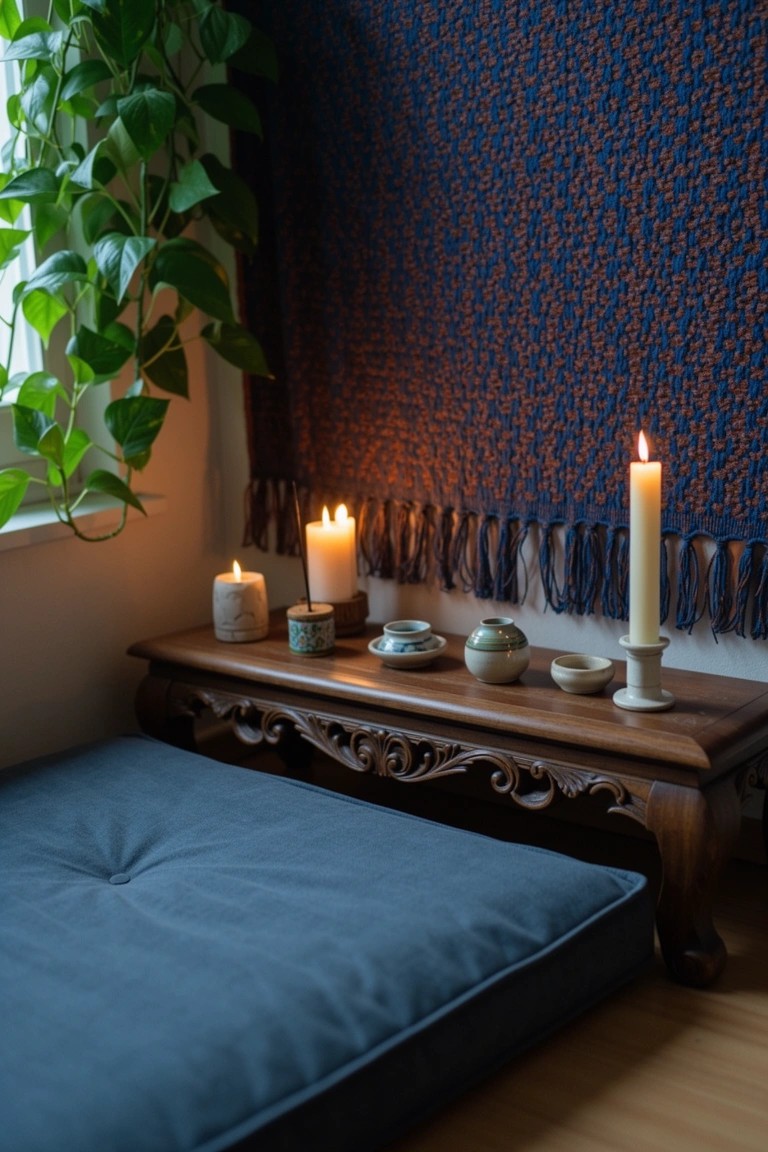 Boho meditation nook with carved wooden table holding candles and pottery bowls, blue wall hanging, and floor cushion