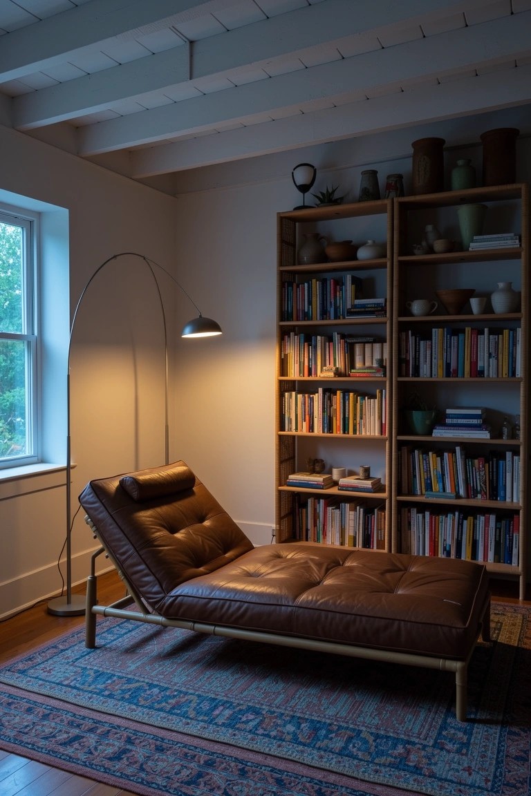 Brown leather chaise lounge in a cozy room with wooden bookshelves, arc floor lamp, and blue rug