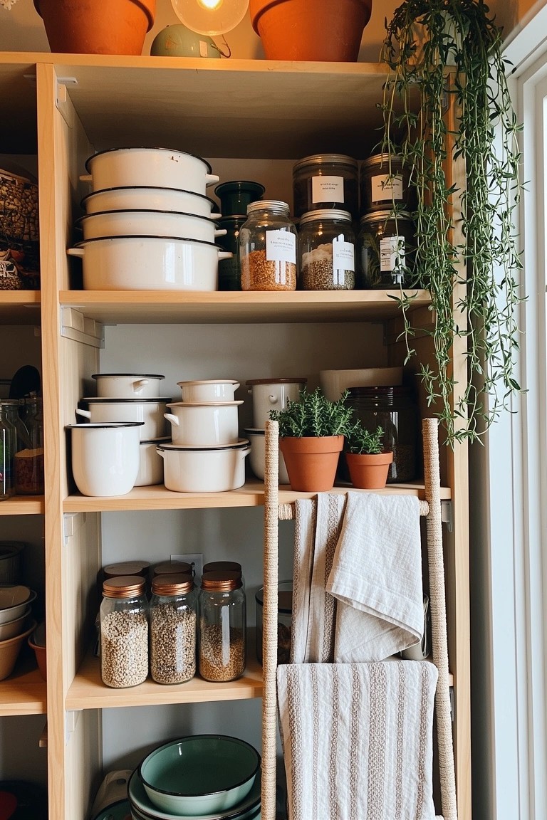 Wooden open kitchen shelves displaying stacked white enamelware pots and bowls, glass jars of grains and spices, potted plants, trailing greenery, and a hanging towel