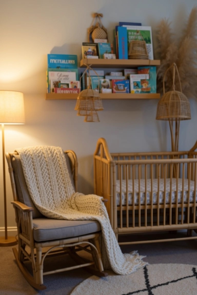 Rattan rocking chair draped with knitted blanket next to wooden crib in boho nursery